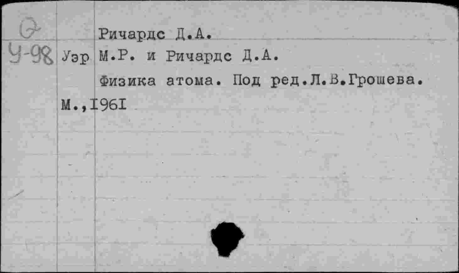 ﻿Ричардс Д.А.
Уэр М.Р. и Ричардс Д.А.
Физика атома. Под ред.Л.В,Грошева.
М.,1961